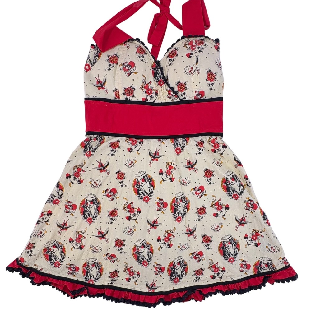 Sourpuss Womens Sailor Tattoo Flash Halter Dress Cream Red Rockabilly XL